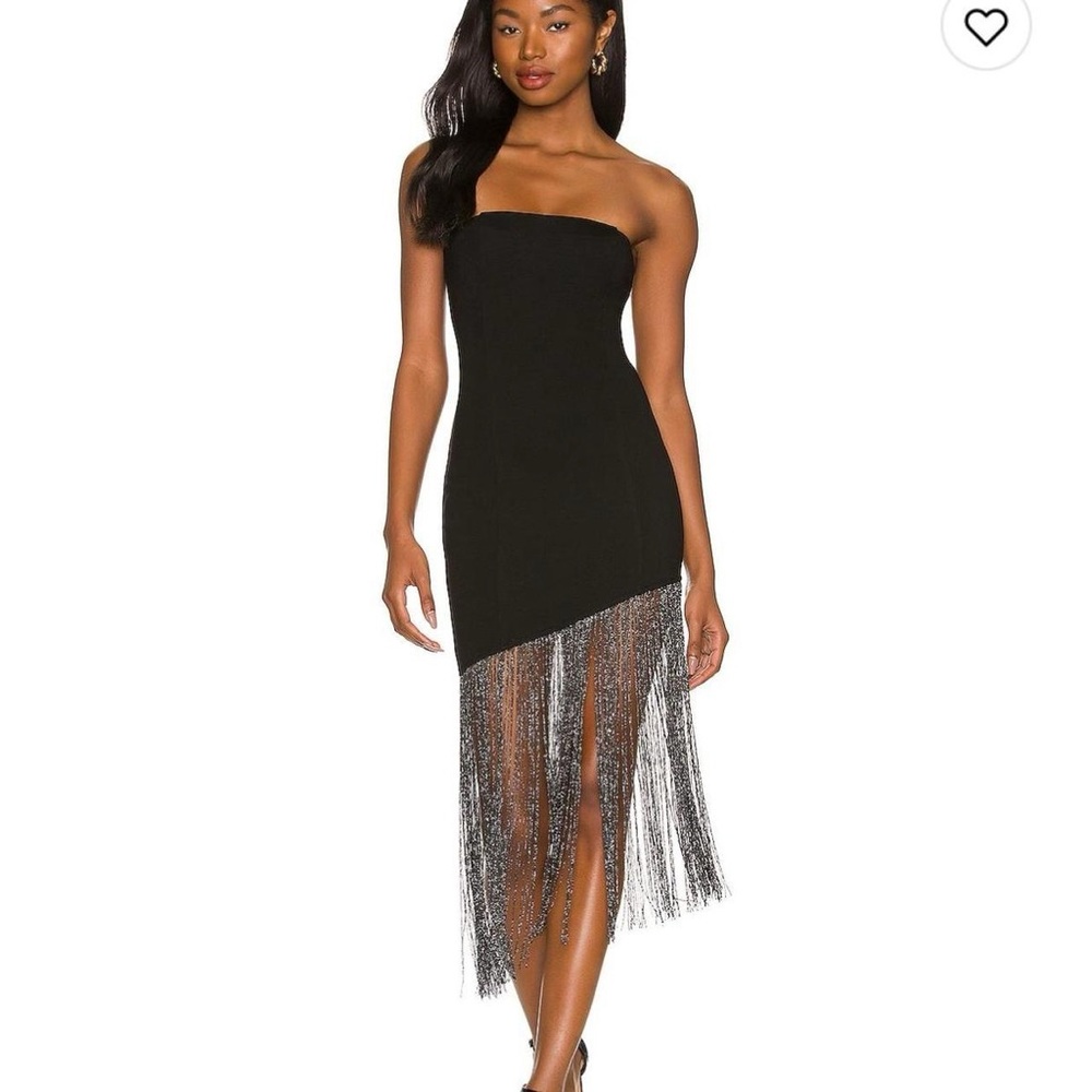 Superdown Black Strapless Dress with Silver Fringe